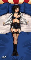 1girls bed bioshock bioshock_infinite blue_eyes boots bra breasts choker elizabeth_comstock female female_only garter_straps highres laying_on_bed lingerie lying nipples one_breast_out radprofile solo solo_focus thighhighs