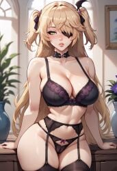 ai_generated blonde_hair bra breasts cameltoe choker eyepatch fischl_(genshin_impact) genshin_impact green_eyes hips lingerie medium_breasts panties stockings