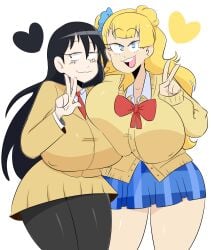 2girls :3 big_breasts black_hair blonde_hair blue_eyes breasts crossover galko gyaru heart highres huge_breasts jinu kuroki_tomoko large_breasts long_hair looking_at_viewer multiple_girls open_mouth oshiete!_galko-chan school_uniform side_bun simple_background smile thick_thighs thighs v watashi_ga_motenai_no_wa_dou_kangaetemo_omaera_ga_warui! white_background