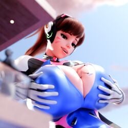 3d_(artwork) big_breasts blizzard_entertainment breasts clothed clothed_female d.va extreme_size_difference giantess hana_song height_difference light-skinned_female light_skin overwatch overwatch_2 size_difference sprankeez