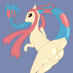 1boy anthro anthrofied ass balls black_eyes hair hi_res horn long_hair looking_at_viewer looking_back male male_only mammal milotic nintendo nude open_mouth pink_sclera pokemon posexe raised_tail rear_view scalie sea_serpent simple_background solo standing video_games white_skin