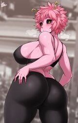 1girls absurdres artist_name ass black_sclera blush boku_no_hero_academia breasts cameltoe cleft_of_venus colored_sclera colored_skin female from_behind grabbing_own_ass hand_on_own_ass highres horns huge_ass jmg large_breasts looking_at_viewer looking_back mina_ashido my_hero_academia pants pink_hair pink_skin sideboob solo sports_bra sweat thick_thighs thighs yellow_eyes yoga_pants