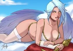 boobs breasts female female_only kayle league_of_legends looking_at_viewer pantyhose smile solo thick_thighs thighhighs thighs white_hair white_skin wings xinaelle yellow_eyes