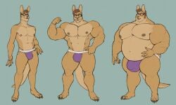 abs anthro belly big_belly bulge claws clothed clothing dangaroo eyewear genital_outline glasses growth hi_res jockstrap jockstrap_only kangaroo leaning macropod male mammal marsupial muscle_growth musclegut muscular muscular_male nipples overweight overweight_male pecs smile solo thick_thighs topless underwear underwear_only weight_gain yasano