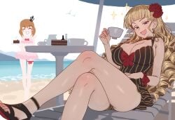 07th_expansion 2girls :d beach_chair beach_umbrella beatrice_(umineko) blonde_hair blue_eyes blush_stickers bow breasts brown_hair cake cake_slice cleavage commentary crossed_legs crown cup drill_hair ebora english_commentary flower food hair_flower hair_ornament highres holding holding_cup holding_plate large_breasts long_hair maria_ushiromiya mini_crown multiple_girls one-piece_swimsuit open_mouth pink_one-piece_swimsuit plate red_bow red_flower red_rose rose sandals sitting smile striped_clothes swimsuit teacup thigh_strap umbrella umineko_no_naku_koro_ni vertical-striped_clothes wrist_bow youngmanisdown