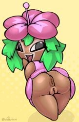 2024_pokemon_teraleak anus ass beta_pokemon_(species) beta_pokemon_games brown_body clothed clothing elemental_creature elemental_humanoid female first_porn_of_character flora_fauna flower genitals green_hair gyaru gyarubi hair hi_res humanoid looking_at_viewer nintendo nude open_mouth plant plant_humanoid pokemon pokemon_(species) puffy_anus pussy short_stack simple_background smile solo vetero