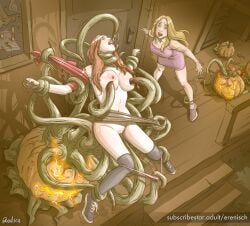 breasts clothes_removed erenisch halloween panty_pull pumpkin restrained restrained_by_tentacles stripped_by_tentacles suspended_via_tentacles tentacle tentacle_around_neck tentacle_in_pussy tentacles_around_ankles tentacles_around_arms tentacles_around_wrists torn_clothes torn_shirt torn_skirt vine_tentacles witness