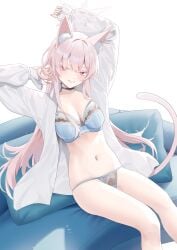 1girls akira_(blue_archive) animal_ear_fluff animal_ears animal_tail arm_above_head arm_up arms_above_head arms_up bare_belly bare_calves bare_chest bare_hands bare_hips bare_knees bare_legs bare_midriff bare_navel bare_skin bare_thighs belly belly_button blue_archive blue_bra blue_choker blue_collar blue_panties blue_sofa blue_underwear bra breasts busty busty_female busty_girl calves cat_ears cat_tail choker cirilla_lin cleavage collar collarbone dot_nose exposed exposed_belly exposed_legs exposed_midriff exposed_thighs female female_focus female_only fingernails fingers frilled_bra frilled_panties frilled_underwear grin groin hair_between_eyes halo hand_above_head hand_up hands_above_head hands_up head_tilt high_resolution highres hourglass_figure knees lace-trimmed_bra lace-trimmed_panties lace_bra lace_panties lace_underwear laced_bra laced_panties laced_underwear lean_body lean_figure legs light-skined_female light-skinned light-skinned_female light_skin light_skin_female light_skinned light_skinned_female long_hair looking_at_viewer medium_breasts narrow_waist navel open_clothes open_clothing open_shirt open_topwear panties pink_eyebrows pink_eyes pink_eyes_female pink_hair pink_hair_female pink_halo shirt simple_background sitting slender_body slender_waist slim_girl slim_waist smile smiley_face smiling smiling_at_viewer smirk sofa solo thick_thighs thighs thin_waist tilted_head unbuttoned unbuttoned_shirt underwear upper_body v-line white-skinned_female white_background white_shirt white_skin white_topwear wide_hips