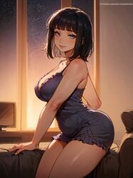 ai_assisted ai_generated big_ass big_breasts black_hair boobs_and_butt_pose boruto:_naruto_next_generations breasts computer_monitor erotic_nansensu female hyuuga_hinata looking_at_viewer mommy naruto naruto_(series) nightgown solo stars tagme window