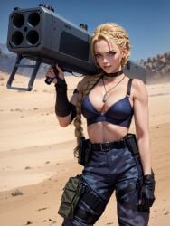 ai_generated blonde_hair blue_bra blue_camo blue_camo_pants blue_halter_top camo_pants camouflage_pants choker halter_top lust_goddess nicole_(lust_goddess) nutaku quad_launcher rocket_launcher