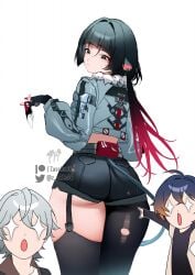 1boy 2girls absurdres animal_ears ass ass_focus belle_(zenless_zone_zero) big_ass black_hair blue_hair blush brother_and_sister from_behind gluteal_fold highres hoyoverse jane_doe_(zenless_zone_zero) long_hair looking_at_viewer looking_back looking_down low_ponytail mihoyo multicolored_hair multiple_girls pointing_soyjak short_hair short_shorts shorts tail thick_thighs thighs very_long_hair white_hair wise_(zenless_zone_zero) zasshu zasshu96 zenless_zone_zero