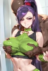 ai_generated big_breasts breast_grab chocopizza dark-skinned_male dragon_quest_xi fondling jade_(dq11)