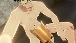 1boy atlus brown_hair chest_hair facial_hair glasses happy_trail maruki_takuto mask megami_tensei naturally_censored persona persona_5 persona_5_royal selfie smile smiling smiling_at_viewer solo solo_male stealballsrun tagme twitter_link