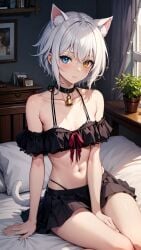 1boy ai_generated cat_ears femboy heterochromia on_bed solo trap