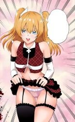 2.5_jigen_no_ririsa amano_ririsa angel bare_belly bare_shoulders belly_button big_breasts blue_eyes blush breast_curtains breasts cosplay detached_sleeves garter_belt garter_straps hashimoto_yuu liliel_(cosplay) long_hair manga official_art one_thighhigh open_mouth orange_hair panties pink_panties skirt skirt_lift smile thighs twintails underwear zettai_ryouiki