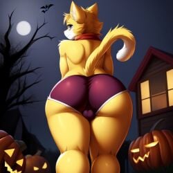 1boy ai_generated anthro balls big_ass big_ass_(male) brutal_paws_of_fury domestic_cat felid feline frosting.ai furry furry_male furry_only gay halloween jack-o'-lantern male_only muscular muscular_male musk musk_clouds no_humans psycho_kitty rear_view red_shorts smaller_male stable_diffusion sugar1989 yellow_fur