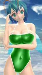 1girls 2023 3d_(artwork) antennae_(anatomy) belly_button blue_eyes blue_sky blush breasts cleavage clouds firefly glasses green_swimsuit hati_yukkuri_mmd imperishable_night insect_wings light-skinned_female mmd outdoors sea sky solo_female solo_focus swimsuit teal_hair touhou water wings wriggle_nightbug youkai