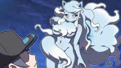 alolan_ninetales belly_button blue_fur blue_sclera blush blush female hakkimanime large_breasts male naked naked_female ninetales pokemon pokemon_(species) pokemon_trainer white_fur white_pupils