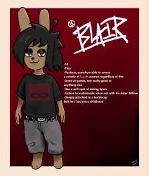 absurd_res alternative_fashion anthro band_shirt belt blair_(teztaz) bottle_cap bottomwear character_bio clothing eyeshadow feet goth hi_res lagomorph leporid looking_at_viewer makeup male mammal model_sheet no_shoes pants paws rabbit rabbit's_foot rabbit_feet short_stack small_feet smug smug_face solo teztaz