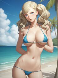 1girls ai_generated ann_takamaki atlus beach belly belly_button bikini bikini_bottom bikini_top blonde_hair blue_bikini blue_eyes breasts earring eyes female female_only hair hairclip large_breasts micro_bikini navel open_mouth persona persona_5 robinlover solo solo_female tagme