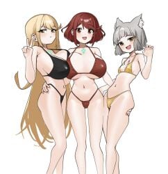 2girls bare_arms bare_legs bare_midriff bare_shoulders bare_thighs belly belly_button bikini black_bikini black_bikini_bottom black_bikini_top black_swimsuit black_swimwear blush breasts busty cat_ears cat_girl cleavage clothed clothing collarbone core_crystal dot_nose embarrassed embarrassed_female female female_focus female_only feminine fried_bocky frilled_bikini grey_hair high_resolution highres hourglass_figure jacket legs light_skin looking_at_viewer mythra navel nia nintendo nude off_shoulder petite petite_body petite_breasts petite_female petite_girl pyra short_hair sideboob simple_background slender_body slender_waist slim_girl slim_waist small_breasts solo standing swimsuit thighs thin_waist white_background xenoblade_(series) xenoblade_chronicles_2 xenoblade_chronicles_3 yellow_eyes