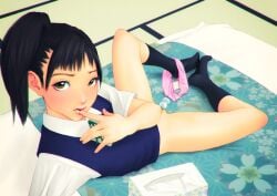 black_hair black_socks blush brown_eyes collared_shirt commentary_request female female_pubic_hair finger_to_mouth fumichika_mori futon indoors knee_socks kneehighs knees_apart_feet_together kneesocks looking_at_viewer lying object_insertion on_back on_bed original panties panties_around_one_leg pink_panties pubic_hair school_uniform shirt socks solo spread_legs tatami underwear vaginal_object_insertion vaginal_penetration vest