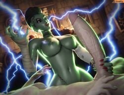 1boy 1girls 3d big_breasts big_penis blender_(software) breasts bride_of_frankenstein_(cosplay) bride_of_frankenstein_(film) bride_sombra cock dick frankenstein green-skinned_female green_skin halloween_terror_series holding_penis huge_cock interracial licking licking_lips light-skinned_male lightening naked_female naked_male nipples nude nude_female nude_male official_alternate_costume overwatch overwatch_2 partial_male penis red_nails smitty34 sombra universal_pictures universal_studios universal_studios_monsters voluptuous_female