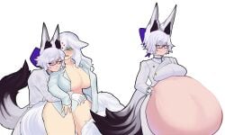 2girls absorption absorption_vore animal_ears animal_tail behind belly big bow breast_expansion commission ear exposed female female_only female_pred female_prey fox_ears fox_girl fox_tail from glasses hug kemonomimi large_breasts original original_character prey sequence smug tail voluptuous voluptuous_female vore wardrobe_malfunction white_hair