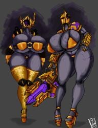 2girls armor barely_contained barely_contained_breasts big_breasts bikini breasts ggez2341 golden_juggernaut grey_skin helmet high_heels juggernaut_(tdx) official_alternate_costume roblox roblox_game robloxian tagme thick_thighs thighhighs thighs tower_defense_x veins veins_on_breasts weapon