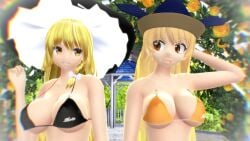 2023 2girls 3d arm_on_head bikini black_bikini_top blonde_hair_female breasts clavicle cleavage deity duo_female duo_focus garden god hat hati_yukkuri_mmd headwear hidden_star_in_four_seasons human light-skinned_female long_hair_female looking_at_each_other marisa_kirisame mmd okina_matara one_arm_up open_mouth outdoors smiling swimsuit touhou upper_body_focus white_bowtie white_outline witch_hat yellow_bikini_top yellow_flower