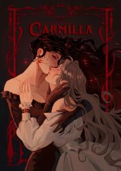 2girls artist_name bbybluemochi bite_mark blood brown_hair carmilla_(novel) carmilla_karnstein cleavage closed_eyes dress earrings fangs gloves hi_res laura_(carmilla) long_hair looking_at_viewer red_eyes sparkles text vampire yuri