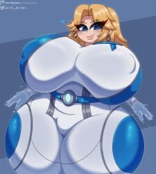 2d 9:10 blonde_hair blue_eyes earrings female invisible_woman invisible_woman_(marvel_rivals) lewd_bun_64 looming_over marvel marvel_comics marvel_rivals massive_breasts solo strugglebunny sue_storm suit superheroine thick_thighs tight_clothing white_bodysuit wide_hips