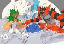 anthro biped black_body black_fur blue_sclera blush decidueye erection female feral fur generation_7_pokemon genitals green_body group hi_res incineroar laugh male nintendo open_mouth penile_spines penis pink_nose pokemon pokemon_(species) primarina pussy red_body red_fur serpentine speech_bubble tan_body tenebscuro trio white_body white_eyes