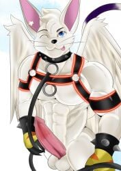 angel angelgatomon_(angelgato) anthro balls bandai_namco bedroom_eyes blue_eyes bottomless bracelet checkhoff claws clothed clothing collar digimon digimon_(species) feathered_wings feathers felid feline felis fur gatomon genitals gloves handwear harness hi_res jewelry leash leather leather_clothing leather_harness looking_at_viewer male mammal markings muscular muscular_anthro muscular_male narrowed_eyes neon neon_lights one_eye_closed penis pose purple_markings ring seductive solo spiked_bracelet spiked_collar spikes tail tongue tongue_out tuft whiskers white_body white_fur white_skin wings wink winking_at_viewer