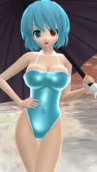 1girls 2023 3d_(artwork) belly_button breasts cleavage clouds hati_yukkuri_mmd heterochromia holding_object holding_umbrella kogasa_tatara light-skinned_female looking_at_viewer mmd open_mouth outdoors sea short_hair_female sky solo_female solo_focus sunset swimsuit touhou tsukumogami turquoise_hair turquoise_swimsuit umbrella undefined_fantastic_object water youkai