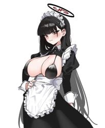 alternate_costume apron black_dress black_hair blue_archive blush breasts cleavage closed_mouth collared_dress dress enmaided female fried_bocky frilled_apron frills hair_ornament hairpin halo hand_on_own_hip highres juliet_sleeves large_breasts long_hair long_sleeves maid maid_apron maid_headdress puffy_sleeves red_eyes rio_(blue_archive) simple_background solo waist_apron white_apron white_background