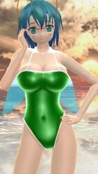 1girls 2023 3d_(artwork) antennae_(anatomy) belly_button blue_eyes blush breasts cleavage clouds firefly glasses green_swimsuit hati_yukkuri_mmd hips imperishable_night insect_wings looking_at_viewer mmd outdoors sea sky solo_female solo_focus sunset swimsuit teal_hair touhou waist water wings wriggle_nightbug youkai