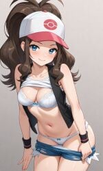 ai_generated baseball_cap blue_eyes blush blushed brown_eyes cap hilda_(pokemon) kslgsnb long_hair looking_at_viewer medium_breasts midriff navel pixai pokemon pokemon_bw pokemon_bw2 pulling_down_pants self_upload shirt_lift shorts underwear undressing white_bra white_panties white_shirt white_underwear