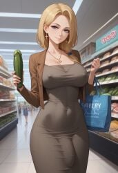 1futa ai_generated bag big_ass big_breasts blonde_hair blue_eyes bulge cleavage covered_navel cowboy_shot dongtan_dress dress earrings futanari grocery_store handbag holding_object hourglass_figure jacket jewelry large_breasts long_hair long_sleeves looking_at_viewer medium_hair navel_visible_through_clothes necklace nipple_bulge nipples_visible_through_clothing open_jacket original original_character penis_under_clothes santopati seductive seductive_look self_upload sex_toy smile solo taut_clothes