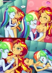 2girls comic comic_page dialogue english_text equestria_girls equestria_untamed female female_only human_only humanized long_hair multiple_girls my_little_pony nipples physical_education rainbow_dash_(eg) rainbow_dash_(mlp) rainbow_hair smooth_skin speech_bubble sucking sunset_shimmer swimsuit undressing_another yuri