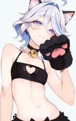 anthro blue_eyes blue_hair blush breasts cat_ears cat_lingerie catgirl choker cleavage cute furina_(genshin_impact) genshin_impact halloween heart heart_cutout hi_res looking_at_viewer midriff paws seductive small_breasts smile white_hair