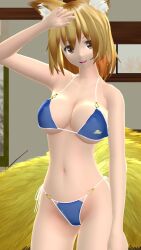 1girls 2023 3d_(artwork) bikini blonde_hair_female blue_bikini breasts brown_eyes cleavage fox_ears hati_yukkuri_mmd indoors kemonomimi light-skinned_female looking_at_viewer mmd nine_tailed_fox one_arm_up perfect_cherry_blossom ran_yakumo shinigami short_hair_female solo_female solo_focus swimsuit touhou youkai