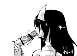 bar_censor black_hair blush breasts censored cum cum_in_mouth disembodied_penis fellatio female from_side hair_over_eyes off_shoulder oral original penis pointless_censoring seki_(red_shine) spot_color triangular_headpiece