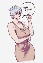 arm_under_breasts big_breasts cigarette cleavage dress female female_only fully_clothed genderswap_(mtf) gintama gintoki_sakata half-closed_eyes hansae hourglass_figure korean_text looking_at_viewer pale-skinned_female pale_skin red_eyes rule_63 short_hair smile smoking tight_clothing very_short_hair white_hair wide_hips