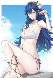 1girls alternate_costume ameno_(a_meno0) arm_up armpits bare_legs bikini blue_background blue_bikini blue_eyes blue_hair blue_sky blush breasts cleavage cloud cloudy_sky collarbone feet_out_of_frame fire_emblem fire_emblem_awakening flower flower_in_hair hair_between_eyes hair_flower hair_ornament hand_on_own_thigh knee_up legs long_legs looking_at_viewer lucina_(fire_emblem) navel nintendo open_mouth shadow sitting sky small_breasts solo stomach swimsuit symbol-shaped_pupils thighs tiara white_bikini