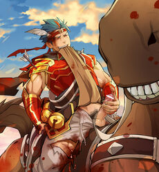 1boy armor bar_censor bara blood blue_hair clothed cum horse human itto_(mentaiko) male male_only masturbation muscle naughty_face outdoors penis penis_out public public_masturbation riding_horse sangokushi_puzzle_taisen solo tagme testicles yaoi