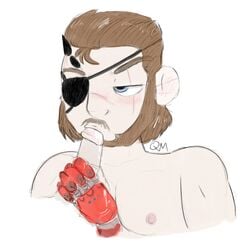 2boys beard blue_eyes blush brown_hair eye_patch eyewear facial_hair fellatio gay hair handjob male male_only metal_gear_solid metal_gear_solid_v multiple_boys oral quackmeister saliva venom_snake yaoi