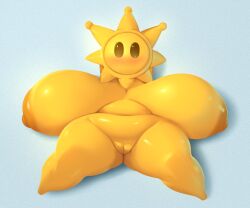 absurd_res animate_inanimate areola big_breasts blush breasts dibujosv12 female genitals hi_res huge_breasts humanoid looking_at_viewer lying mario_(series) nintendo nipples not_furry nude on_back pussy shine_sprite slightly_chubby solo super_mario_sunshine yellow_areola yellow_body yellow_nipples