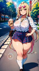 ai_generated anime_style big_breasts blonde_hair gyaru long_hair no_sex non-nude pink_highlights school_uniform see-through_top shunkadooai sparkles stable_diffusion sunglasses_on_head thick_thighs wide_hips