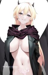 arms_behind_back black_horns blonde_hair blush coat demon_horns earrings green_eyes hair_between_eyes highres horns jacket jewelry long_hair navel open_clothes open_coat open_jacket original pubic_tattoo purple_scarf scarf sebakanken smile tattoo trench_coat